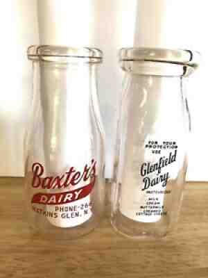 2 Half Pint Milk Bottles Baxterâ??s Dairy & Glenfield Dairy Watkins Glen NY