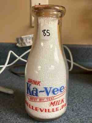 #85 TRPP PINT BELLEVILLE PA KA-VEE ICE CREAM CELLOPHANE DAIRY FARM MILK BOTTLE