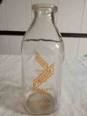 McMAHON'S DAIRY INC. ALTOONA, PA 1 Qt. Old Clear Milk Bottle w Orange Pyro