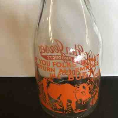 Advertising Golden Jersey Quart Milk Bottle Lake Odessa Michigan Pyro Comic Cow