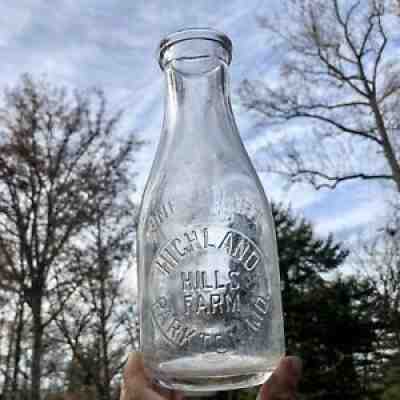 Qt Milk Bottle Highland Hills Farm Parkton MD Maryland Baltimore County Scarce