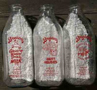 Vintage Milk Bottle Broguieres Family Dairy 3 Lot Glass Bottles Midcentury Quart