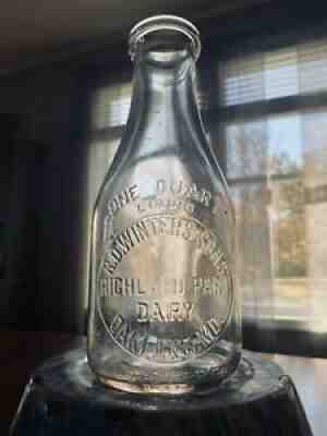 R.O. Winters Sons Highland Park Dairy Qt Milk Bottle Oakland Garrett Maryland MD