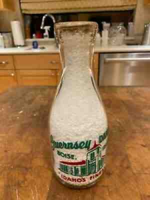 Vintage Boise, Idaho Glass 2 Color Painted Guernsey Dairy Milk Bottle