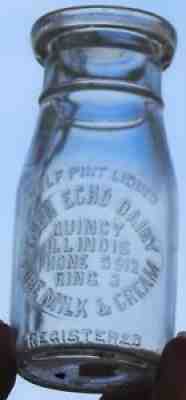 Glen Echo Dairy Half Pint Milk Bottle Quincy, IL ILL - Party Line Phone Number