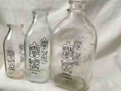 Vintage Half Gallon Quart & Pint Milk Bottle Royal Crest Dairy Denver Colorado