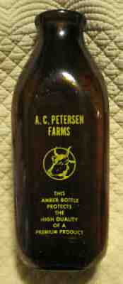 WEST HARTFORD CT - BROWN QT. MILK BOTTLE - A. C. PETERSEN FARMS - VITAMIN CHART