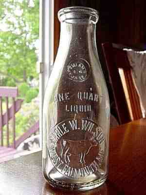 1920s EARLE WILSON West Falmouth MAINE Quart dairy milk bottle EMBOSSED FULL COW