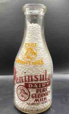 Rare PENINSULA DAIRY PURE GUERNSEY QUART MILK BOTTLE FROM NEWPORT NEWS, VIRGINIA