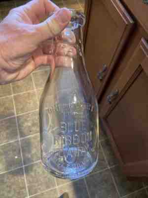 Rare Blue Ribbon Dairy Embossed Quart Milk Bottle Circleville Ohio OH