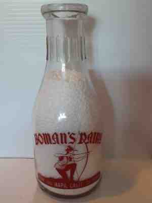 VINTAGE BOMAN'S DAIRY NAPA CALIFORNIA QUART MILK BOTTLE RED ACL ARCHER BOW ARROW