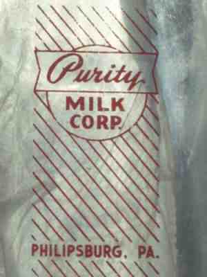 Vintage 1 qt. square 1951 Purity Milk Co. Milk bottle Philipsburg, Pa. has wear