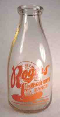 Rogers Rogue River Ranch Medford Oregon Ginger Rogers 1 QT. Milk Bottle MINT!