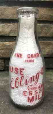 Vtg Eblingâ??s Creamery Golden Jersey Milk 1 Quart Glass Milk Bottle Detroit MI