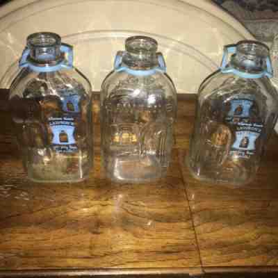 3 Vintage Lawson's Half Gallon Glass Milk Jug with Carrier Handle Blue