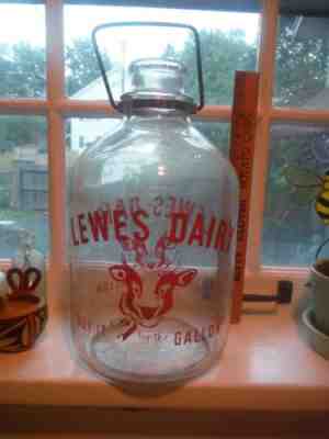 1952 LEWES DAIRY DELAWARE ROUND METAL BAIL ONE GALLON MILK BOTTLE COW GRAPHICS!