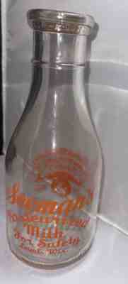 Seemans Loyal, Wis Orange Pyro Quart Milk Bottle Old Dairy Bottle Glass