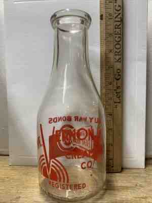 MT. Vernon Creamery War Bonds WW2 Red Pyro Quart Milk Bottle MT. Vernon, Indiana