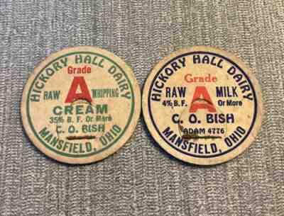 2 RARE Mansfield Ohio BISH HICKORY HILL DAIRY Milk Bottle Cap Galion Shelby OH