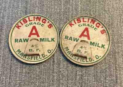 2 RARE Mansfield Ohio KISLINGâ??S DAIRY Milk Bottle Cap Galion Shelby Bellville OH