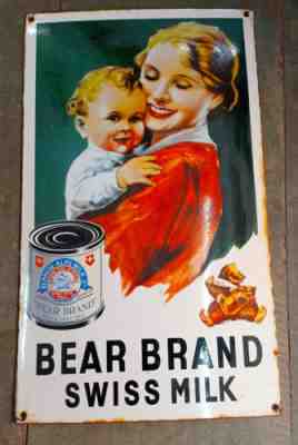 PORCELAIN ENAMEL CERAMIC SIGN 30X17 INCH BEAR BRAND SWISS MILK APPROX