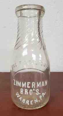 ZIMMERMAN BROS. WARREN PA EMBOSSED PINT DAIRY MILK BOTTLE