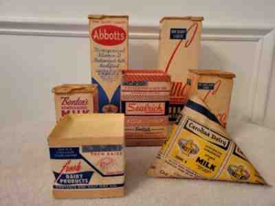 7 Vintage Waxed Milk Cartons NOS Dairy Advertising Abbotts Bordens Canco Hoffs +