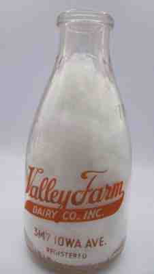 Valley Farm Dairy Co., Quart Milk Bottle, Orange Pyro, ST Louis, MO., WWII