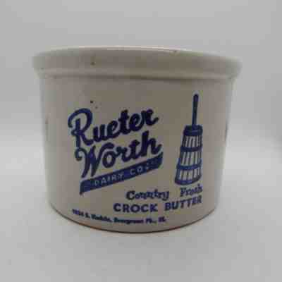 Reuter Worth Dairy Co. Butter Crock - Evergreen Park, ILL. - Blue Lettering