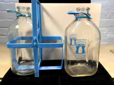 2 Vintage Half Gallon Glass Dairy Milk Jug Lawsons Bottles W/ Lawsons Carrier