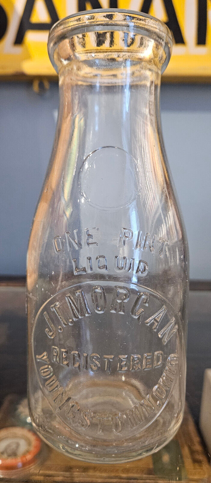 J.T. MORGAN REGISTERED YOUNGSTOWN OHIO MAHONING COUNTY EMBOSSED PINT MILK BOTTLE