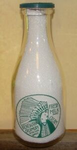 BENEWAH CREAMERY DAIRY FARM SPOKANE WASH WA  INDIAN CHIEF MILK BOTTLE W/2 CAPS