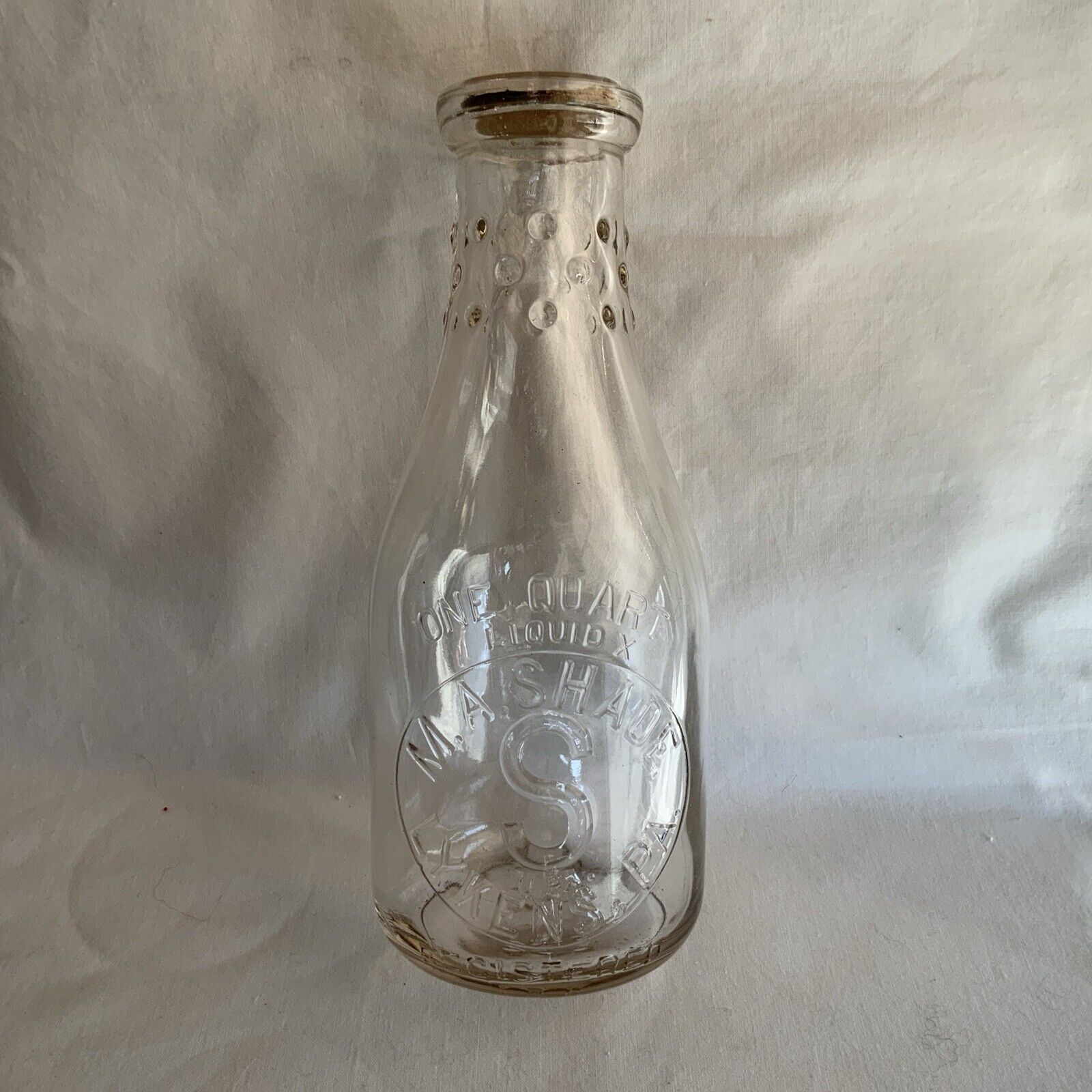M A Shade One Quart Embossed Milk Bottle Lykens Pa