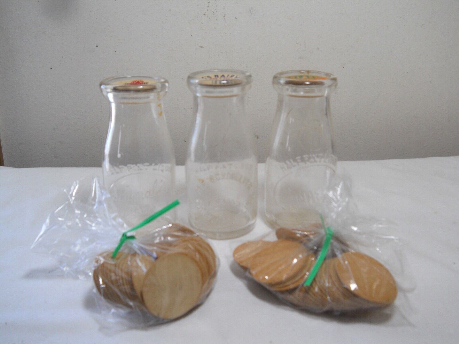 3 ANTIQUE HALF PINT GLASS CREAM BOTTLES & CAPS SCHMELTER SCHMAL'S HARRY'S