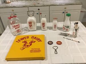 Lewes Dairy Bottles (Gal., Half Gal., Quart, Pint, Half Pint, caps, opener)