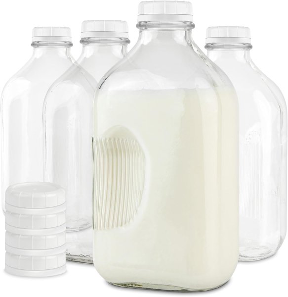 Half Gallon Glass Milk Bottle with Lid (4 Pack) 64 Oz Jugs and 8 White Caps, Reu