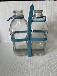 Vintage Lawson's Half Gallon Glass Milk Jug with Carrier Handle Blue Letters