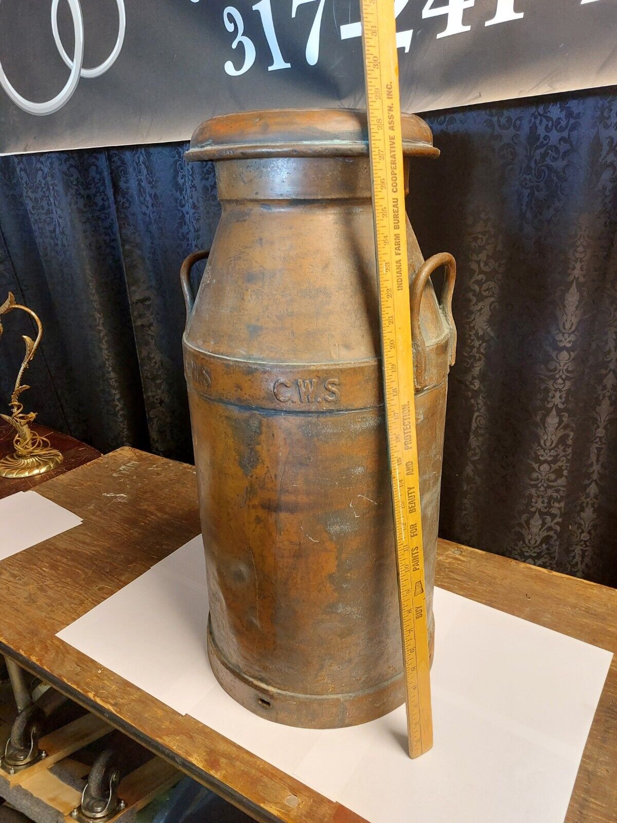 1905 Antique Copper 10 Gal Dairy Milk Can + Lid. Made By CWS Great Britain 29x14