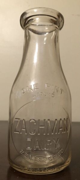 Zachman Dairy One Pint Embossed Milk Bottle - Bucyrus Marion, Ohio OH