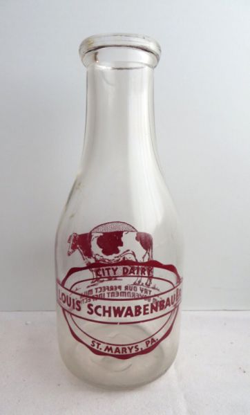 Vintage Glass Milk Bottle Louis Schwabenbauer City Dairy One Quart St Marys PA