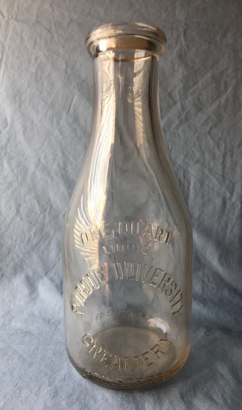 Embossed Purdue University Creamery Lafayette INDIANA QUART MILK BOTTLE Dairy In