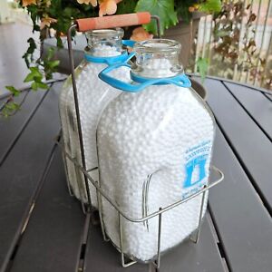 2 Vintage Half Gallon Lawson's Pyro Milk Bottles Blue Handles in Carrier Caddy