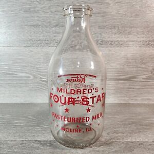 Mildred’s Four Star Dairy Moline Illinois Half Gallon Milk Bottle Duraglass 1950