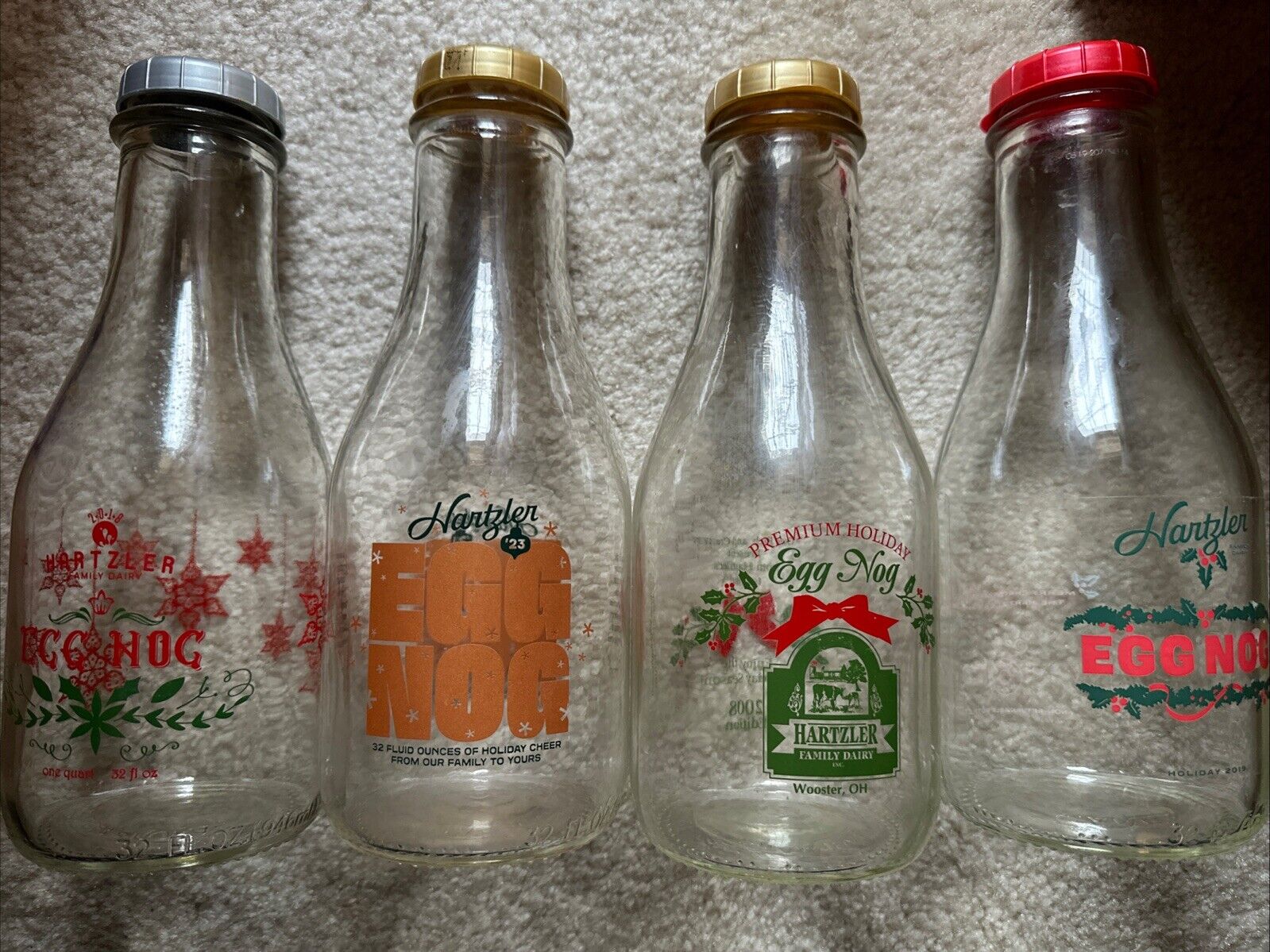 Lot 4 HARTZLER FAMILY DAIRY Wooster Ohio Lids Christmas Egg Nog Quart Bottles