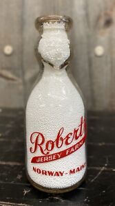 RARE Vintage 1 Qt Roberts Jersey Farm Norway ME Pyro Glass Milk Bottle W/ FACE