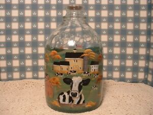 VINTAGE  GAL.  PEVELY  MILK BOTTLE COWS COUNTRY FARMS HAND PAINTED FOLK ART