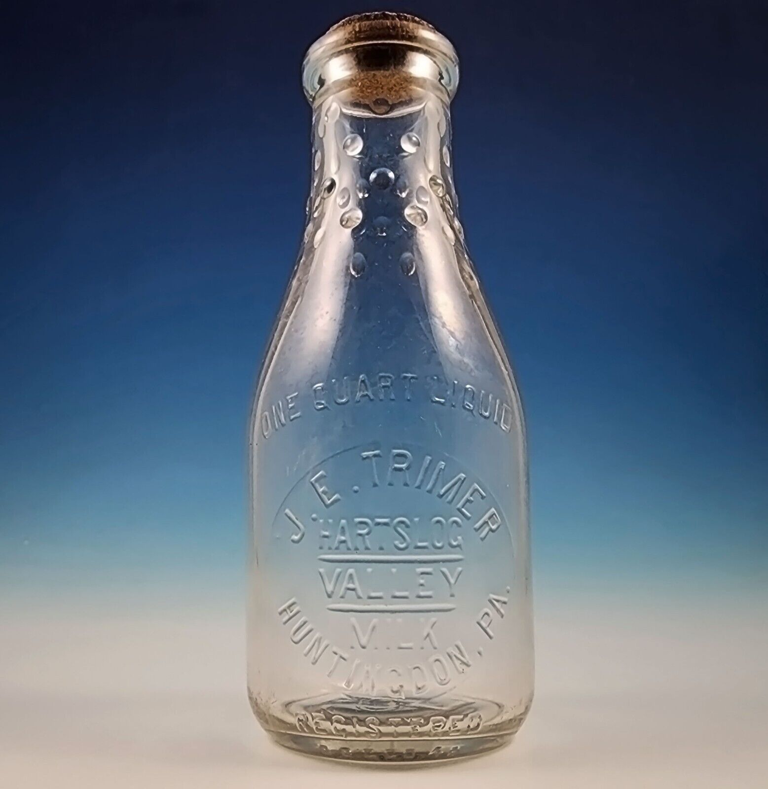 RARE 1934 J. E. Trimer Hartslog Valley Huntingdon PA Quart Milk Bottle Embossed