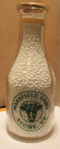 vintage pyro milk bottle qt.Mansfield Dairy Stowe,Vt-sking cow Mt.Mansfield