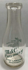 Vintage MICHIGAN STATE CREAMERY quart milk bottle East Lansing, MI - Clean! A+