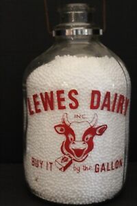 1950s Lewes Dairy Inc Round Glass 1 Gallon Bottle w/Bail Red Graphics w/Cow